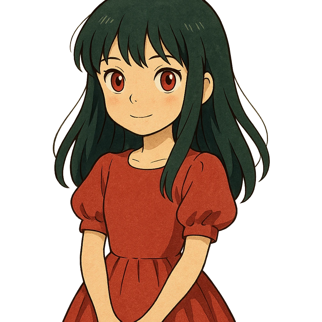ghibli style girl with dark green hair, red eyes, and a red dress emoji