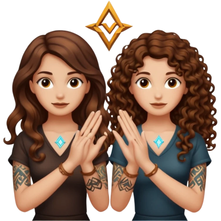 shared idea — long wavy brown hair tattooed woman and short tight curly brown hair woman — glowing rune between hands emoji