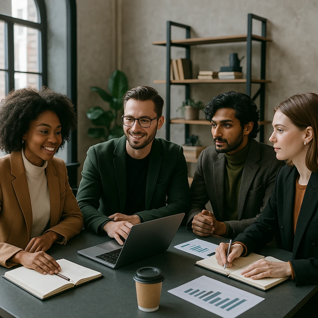 Stylish office team meeting concept with diverse professionals collaborating around a modern table emoji