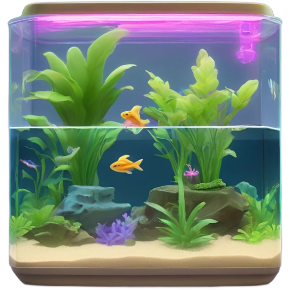 Rectangular fish tank, beige lid and wedgesk with plants inside  and glow tetra fish in neon colors  emoji