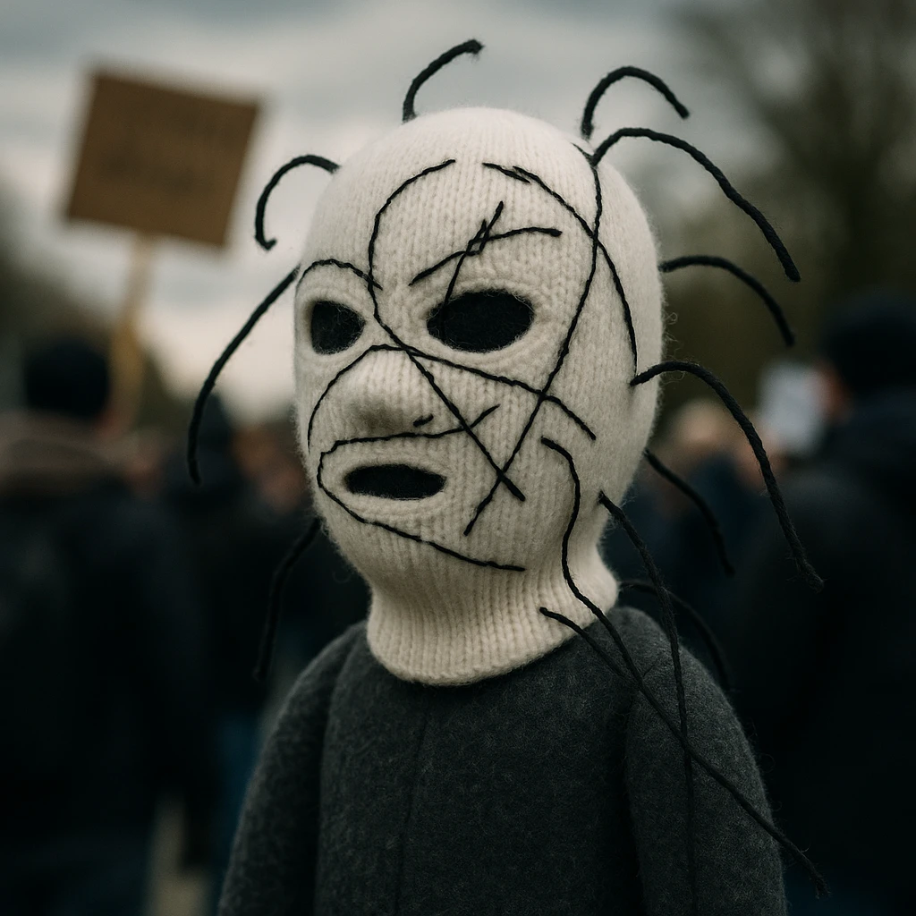 The mask is a full-head, white knitted balaclava with a tight ribbed texture. It features two asymmetrical eye openings and a partially exposed mouth area. Black thread is stitched across the surface in chaotic, abstract lines that trace facial features, giving a hand-drawn effect. Several black cords extend outward from the mask, varying in length and direction, adding a sculptural, almost organic appearance. The overall look is bold, handcrafted, and visually striking. emoji