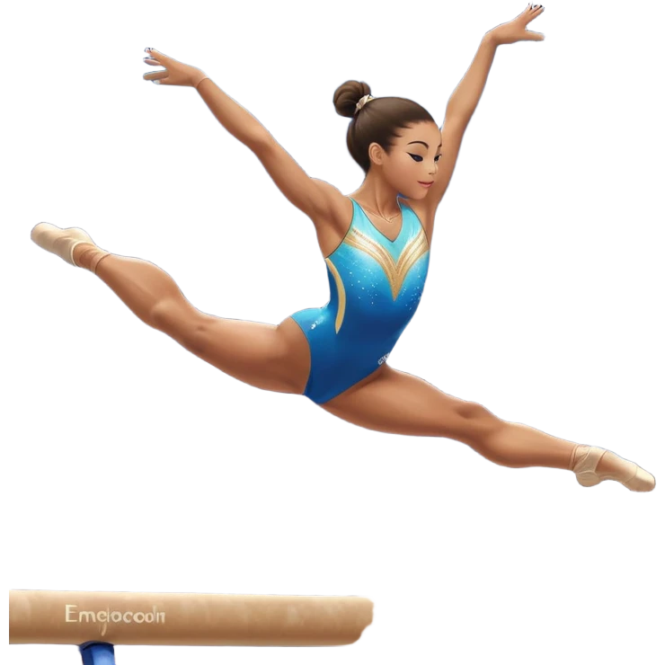A gymnast performing a flawless routine on the balance beam, showcasing strength and grace. The scene captures the precise, elegant movement with perfect balance and form. The background features a gymnastics arena with vibrant lighting and cheering crowds, emphasizing athleticism and poise. emoji