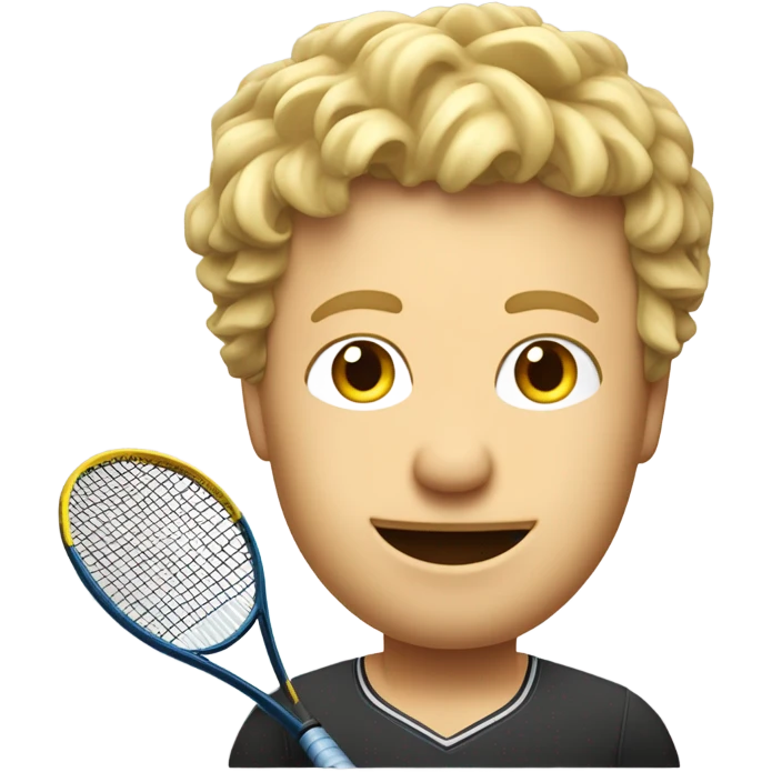 joueur de tennis homme blond avec cheveux frisé qui tiens une seule raquette de tennis r emoji