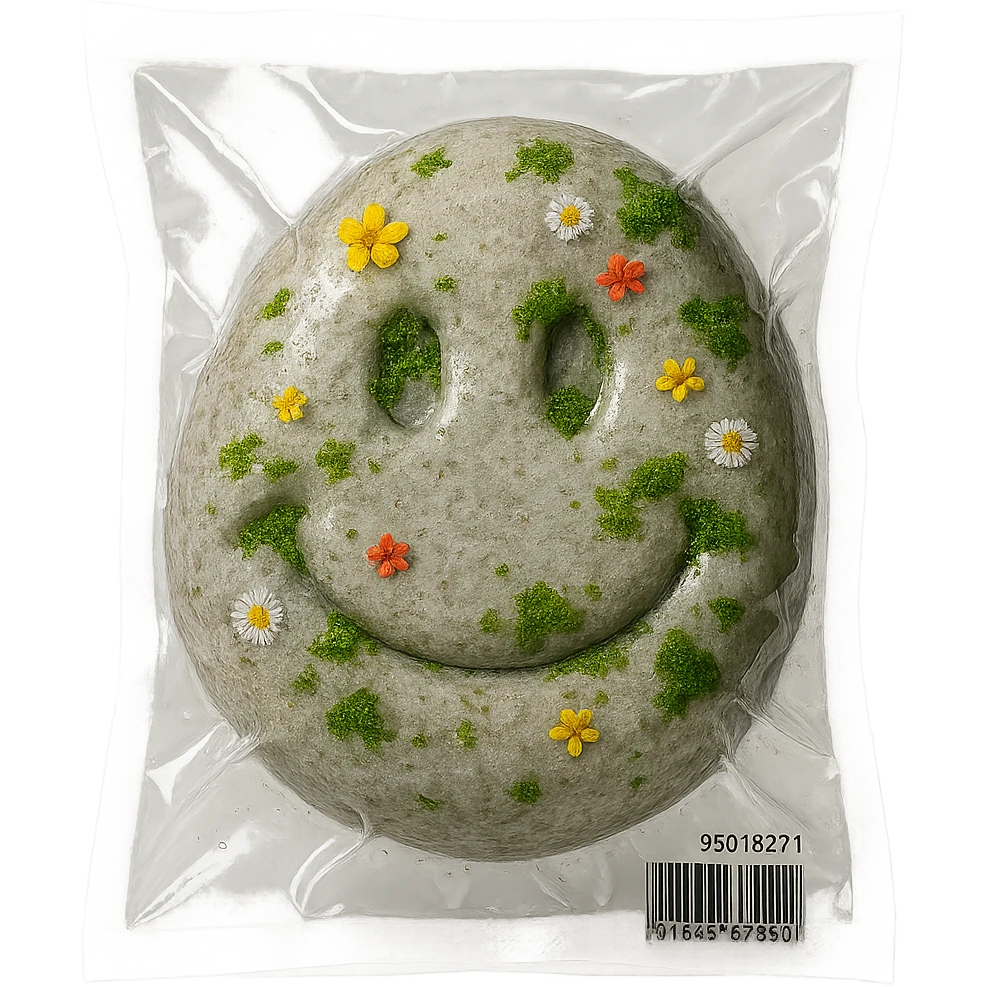 large light gray stone with scattered small colorful flowers and patches of green moss, glossy and puffy emoji