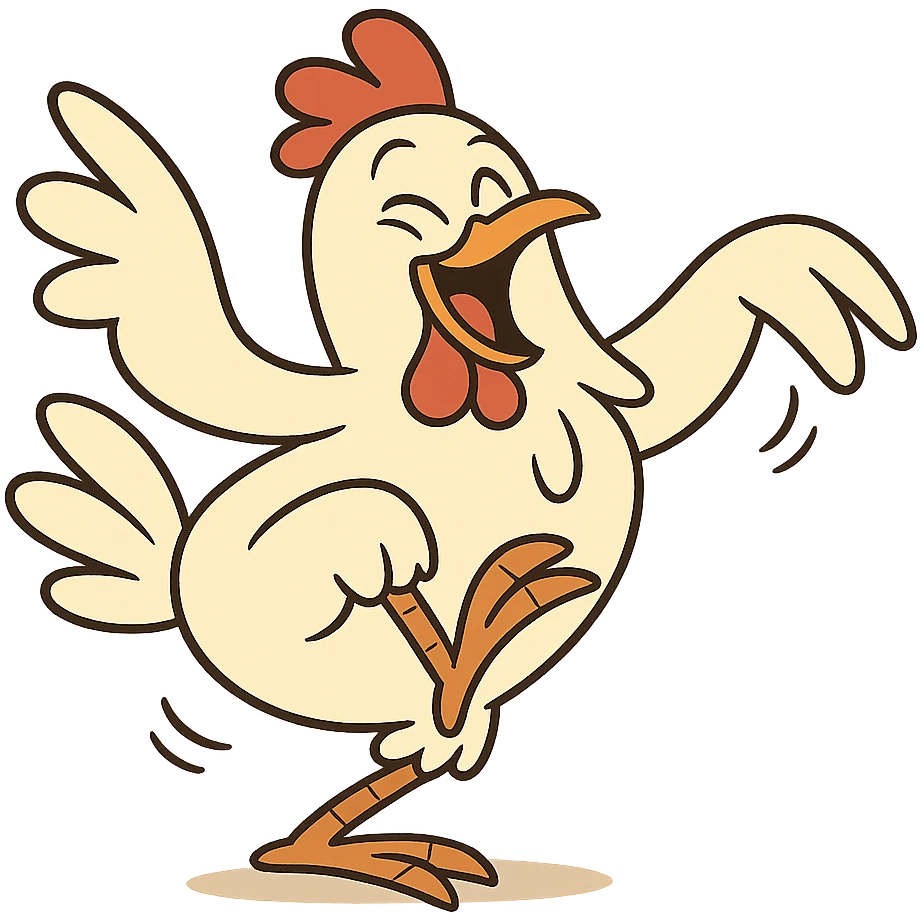 A chicken doing a silly dance, exaggerated pose, comical emoji