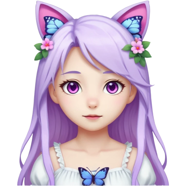 female anime character with pink eyes long white hair periwinkle highlights and cat ears on her head. She is wearing a white dress with purple flowers and butterfly. emoji
