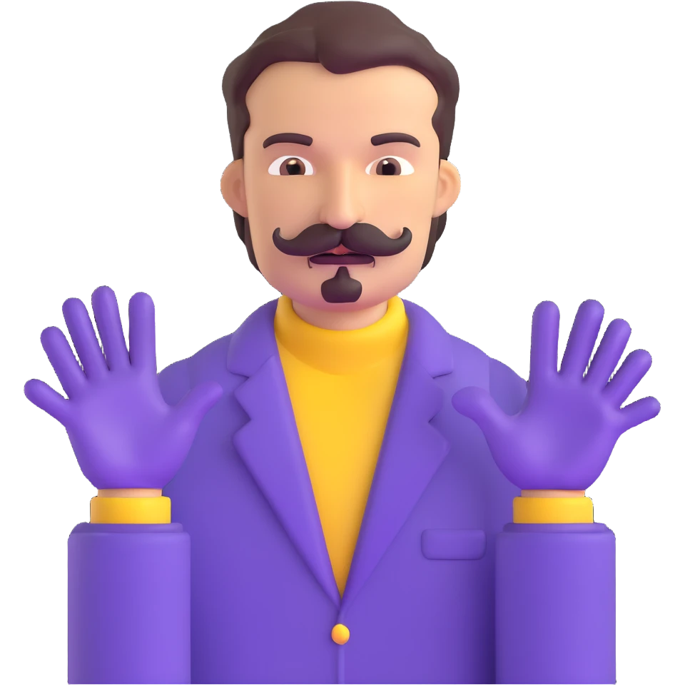 Man with mustache and purple hands emoji