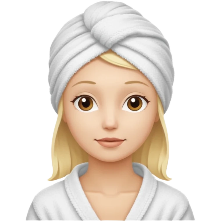 mulher branca e loira com toalha na cabeça tipo spa emoji