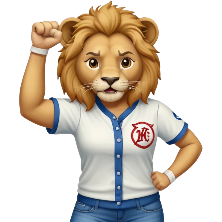 confident anthropomorphised female lion wearing baseball shirt, jeans, trainers, raising a fist in the air, angry expression, no sunglasses emoji