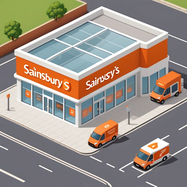 Isometric Sainsbury's store with distinctive orange logo, Argos section inside, self-checkout area visible through windows, and delivery vans emoji