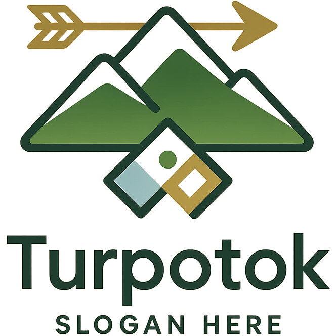 Modern minimalist logo for Turpotok with a stylized Kurai arrow, Ural Mountains silhouette, and subtle Bashkir ornamentation. Text 'Turpotok' in a modern sans-serif font with optional slogan. Color palette reflecting Bashkir culture and natural beauty emoji