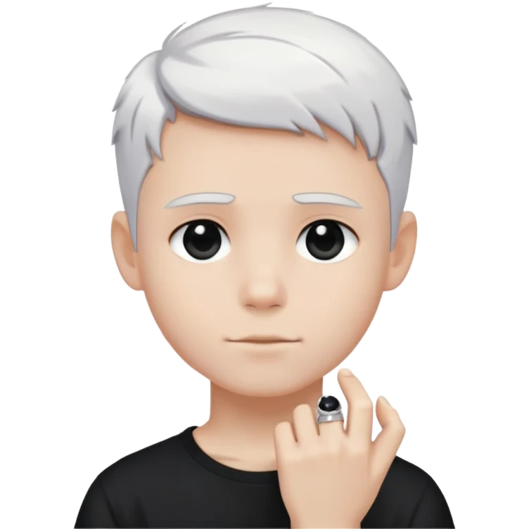 just a boy with TOTALLY WHITE SHORT HAIR (pure white like paper or snow, not gray, not blonde), wearing dark t-shirt, silver ring with black stone emoji