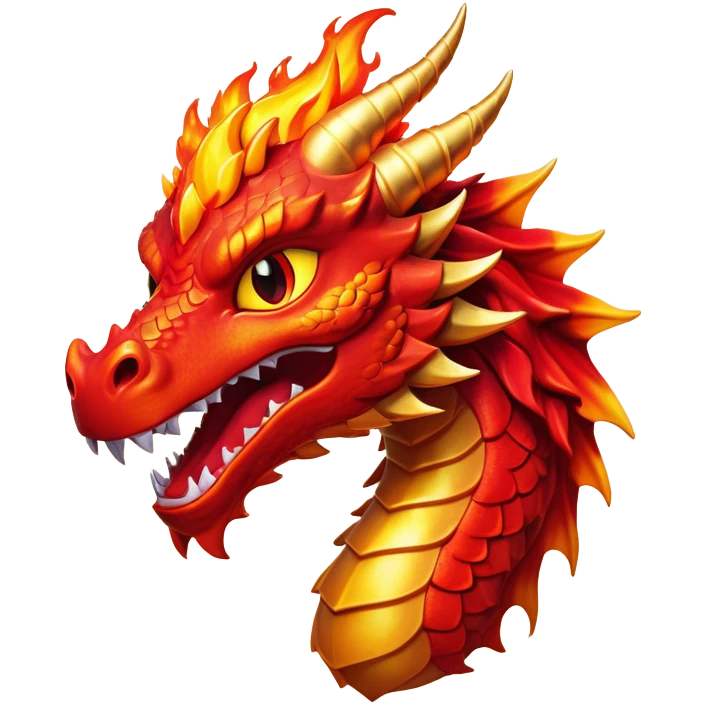Cinematic Comical Fierce Fire Dragon Portrait Emoji, Head tilted dramatically with an exaggeratedly amused expression, featuring a striking, flame-draped body with bold, blazing scales in intense red and molten gold, and eyes twinkling with fiery mischief; rendered with vivid, lifelike textures and dynamic, flickering shadows, high shine, dramatic yet playful, styled with an air of cheeky volcanic mischief, soft glowing outline, capturing the essence of a spirited and over‐the‐top inferno that looks ready to burst into a cascade of playful embers! emoji
