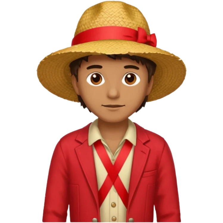 Make a guy with a straw hat and the hat has a red rebin and a red jacket and sandals and a x on he's chest emoji