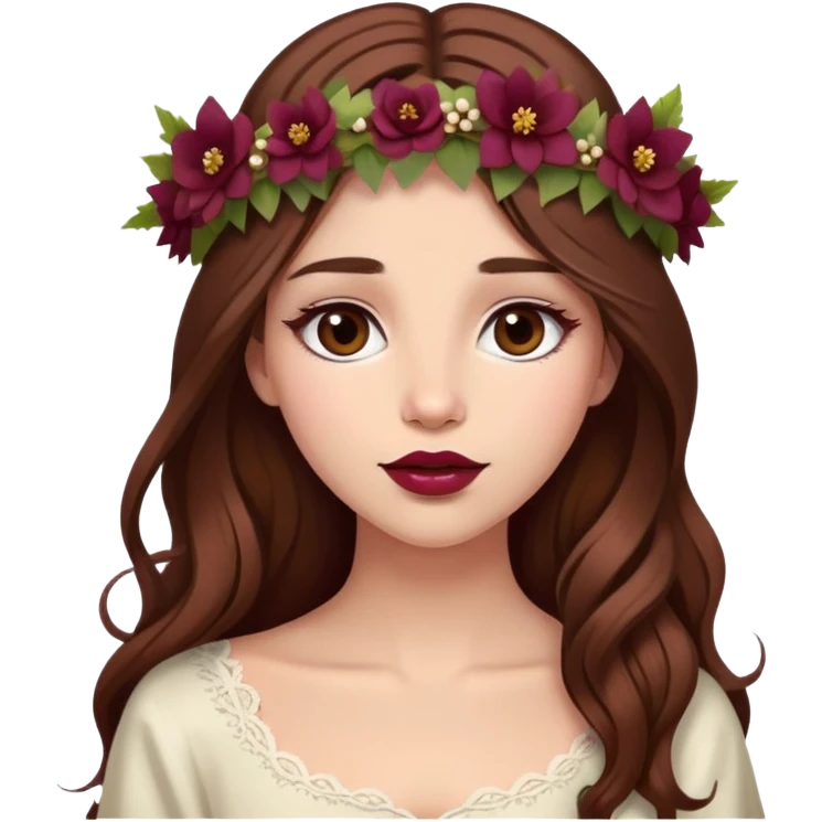 girl with long brown hair with flower crown, wine-colored lips emoji
