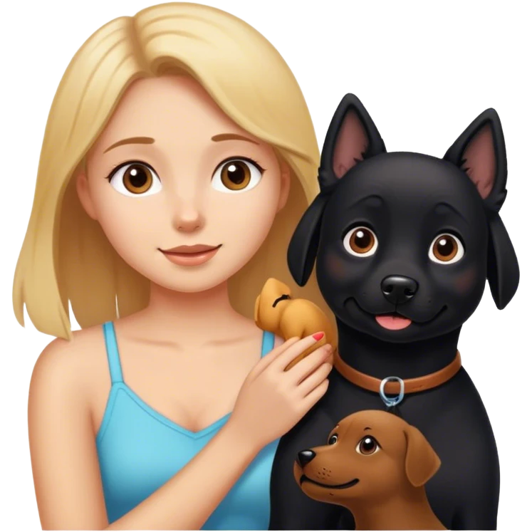 A girl playing with her tan dog and black dog emoji