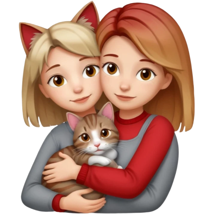 Une femme avec les cheveux dégradée, châtain et blond, qui fait un câlin à son chat gris, tigré avec des reflets roux emoji