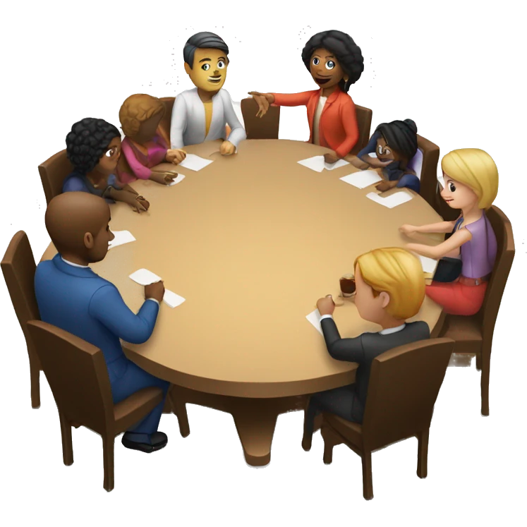 A round table with people sitting around it. They should be diverse in race and hair style emoji