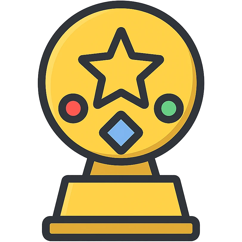 gold top category award with colorful gems, elegant minimalist flat design, award badge style, 2D flat vector, trending icon look, soft shadows, no text, isolated on white background, commercial use emoji