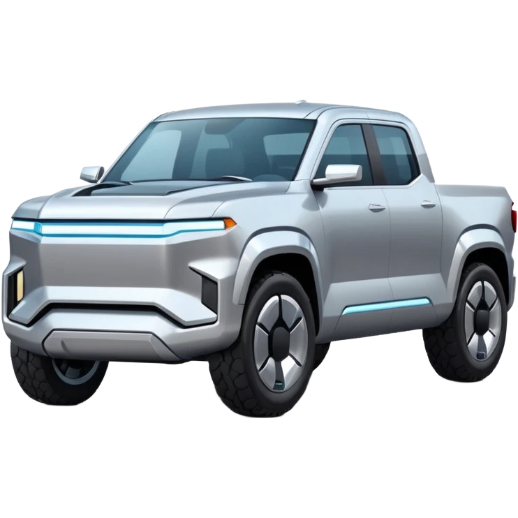 A futuristic electric pickup truck emoji, silver chrome body, angular cyber design, smooth metallic panels, subtle reflections, minimalistic proportions, iOS emoji style, centered composition, clean white background, soft lighting emoji