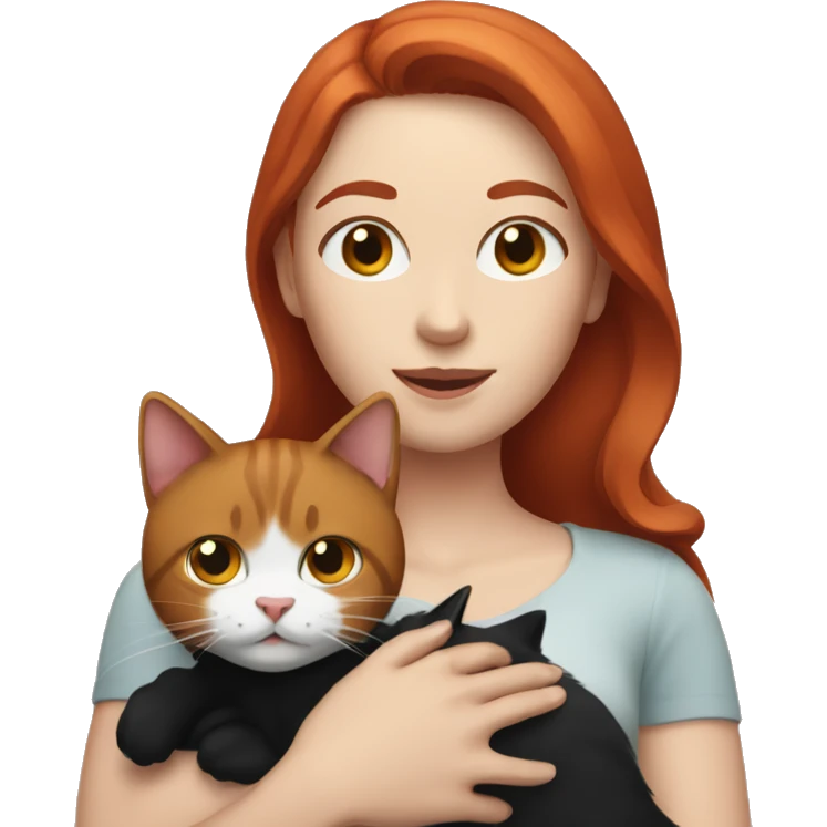 a woman with red hair holding a black and white cat in her arms emoji