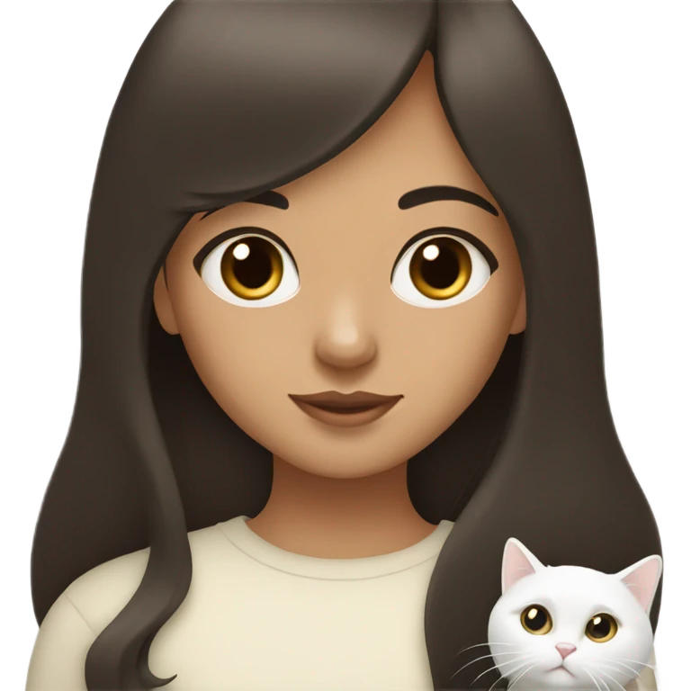 Dark brown haired girl with olive skin with straight bangs and long hair holding a white cat  emoji