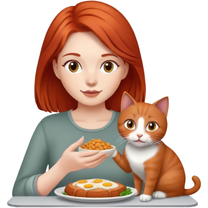 Red haired Woman sharing food with 1 grey cat emoji