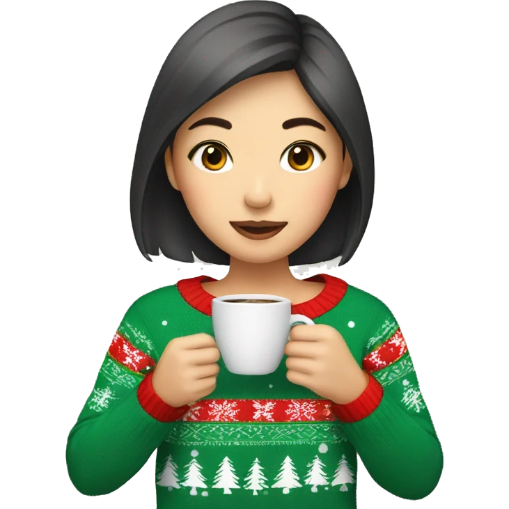 asian girl drinking coffee wearing Christmas sweater emoji
