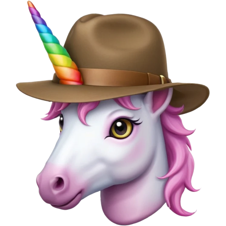 unicorn face cute wearing fedora, horn piercing through the hat looking in the camera emoji
