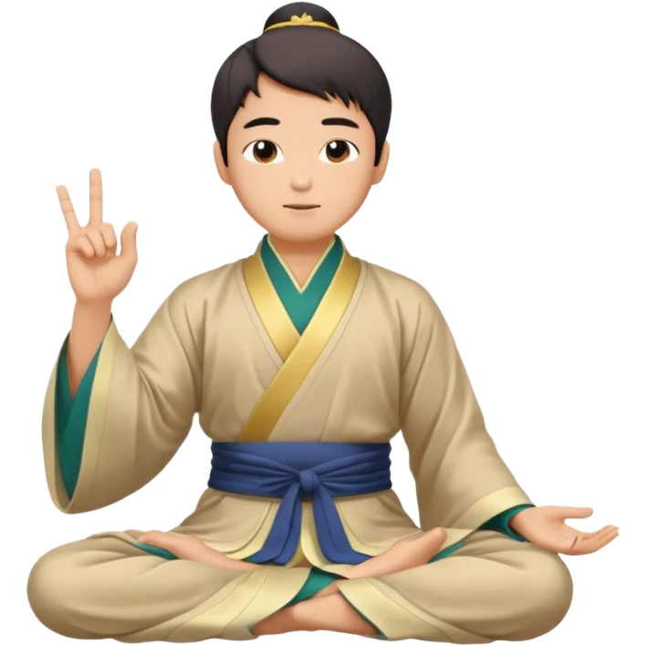 asian man in hanfu closing sitting in lotus pose, pointing one finger to sky as wisdom gesture emoji