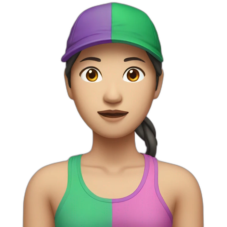 asian woman, green cap backwards, pink and purple singlet emoji