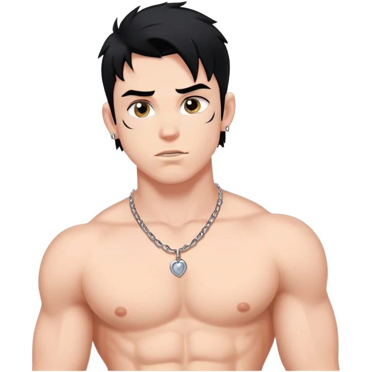 young white man with black hair, muscular, shirtless with prominent nipple piercings, nipple rings emoji
