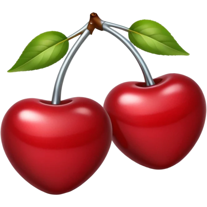 A pair of cherries emoji made of polished silver chrome, smooth rounded shapes, glossy metallic finish, soft highlights and reflections, cute proportions, iOS emoji style, centered, clean white background, no text emoji