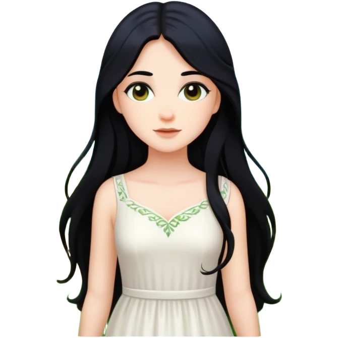 crea un chica blanca con cabello negro largo bonita vestida de blanco conectando con la naturaleza  emoji