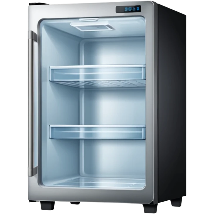 A refrigerator with a transparent front glass divided into three compartments, empty and unfilled. The refrigerator faces forward. It must be divided into three compartments and must have three drawers. emoji