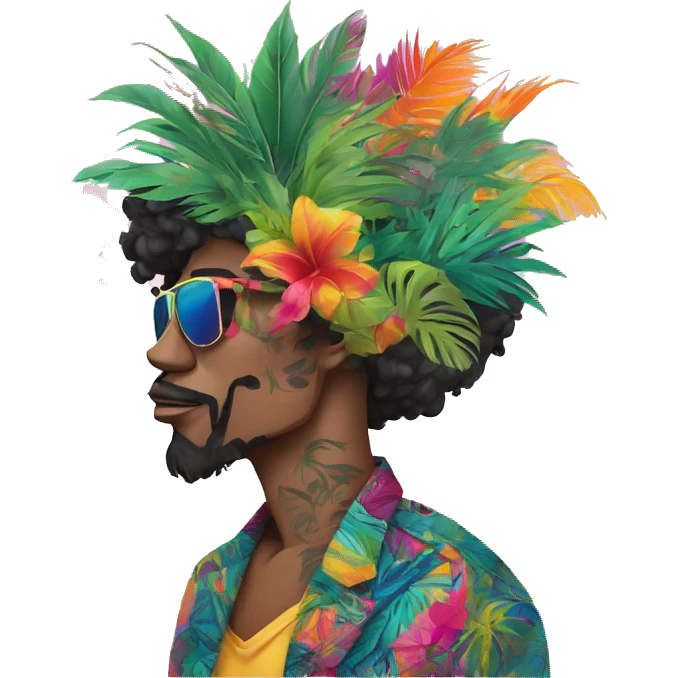 Person vaping wearing a colourful vibrant tropical patchwork of intricate vintage patterns, vape emoji