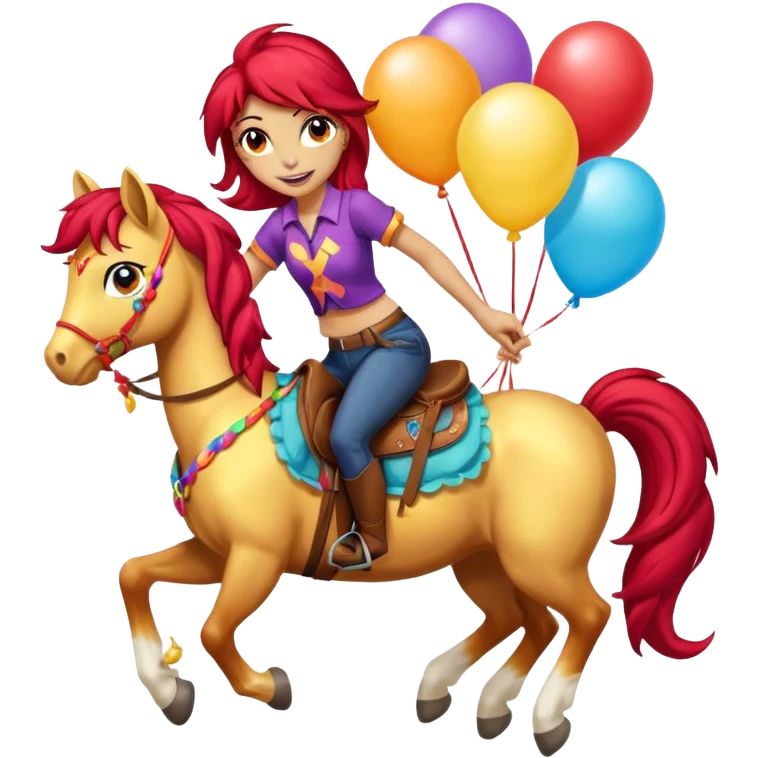 sunset shimmer mlp holding colorful balloons tied to its saddle, looking cheerful. emoji