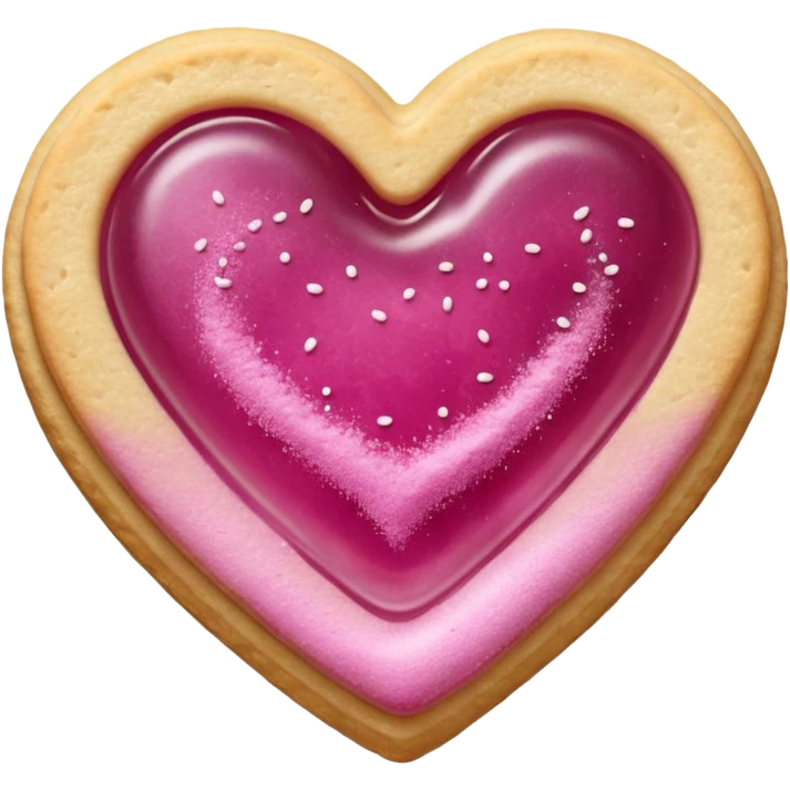 Realistic shortbread cookie in the shape of a heart with light margenta jelly middle filling and sprinkled powder sugar on top. emoji