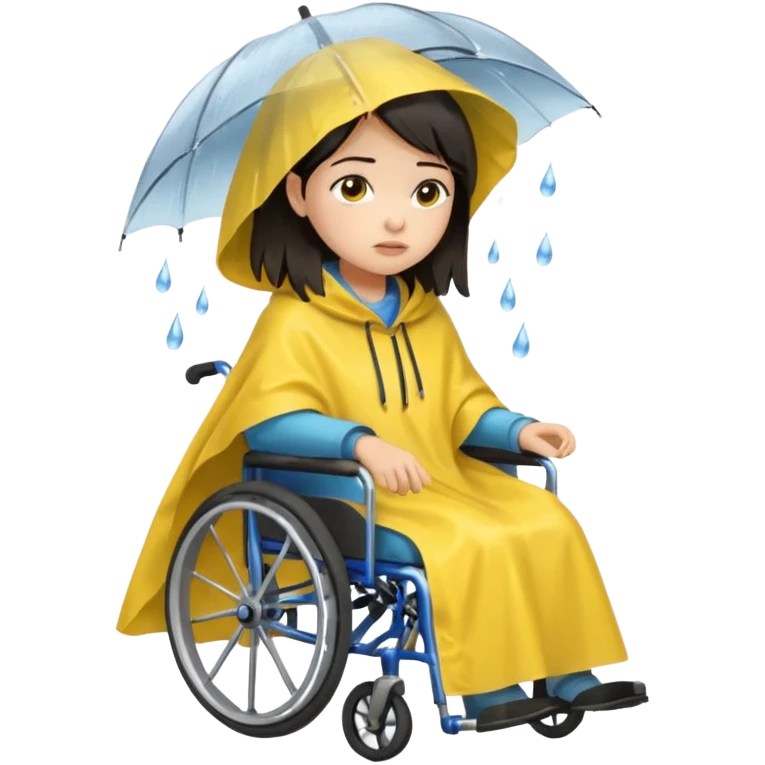 Girl with dark hair  in a wheelchair with rain poncho sad with raining  emoji