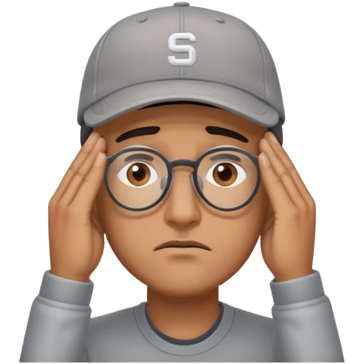 A man with a grey baseball cap, brown eyes,  and glasses, facepalm emoji
