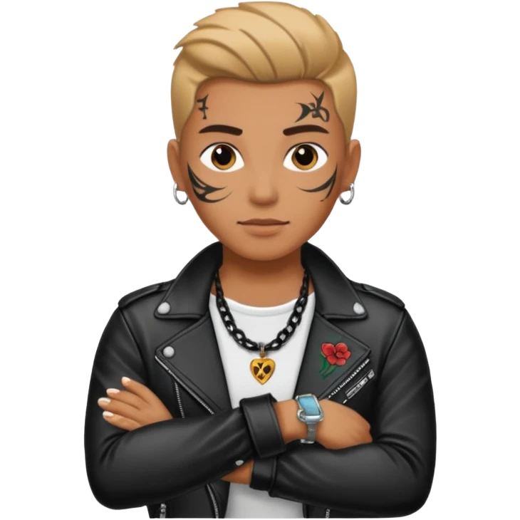 a rockstar wearing necklace, leather jacket, having tattoo emoji