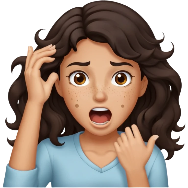 girl very dark brown wavy hair freckles tan skin color brown eyes hands holding neck screaming emoji