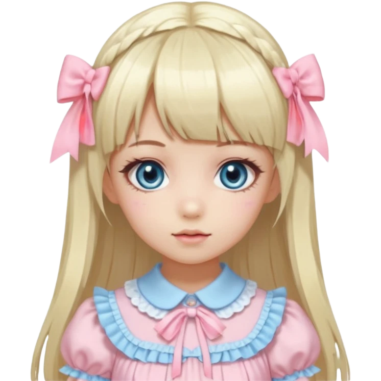girl , who has straight hair blonde and baby bule swirled hair with bangs , grey eyes , and doll like makeup , in a light pink lolita hime gyaru dress  emoji