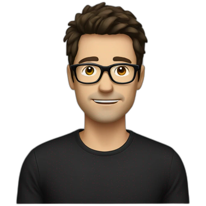 a slim white man with messy short dark brown hair, with a black t-shirt, black rectangular glasses emoji