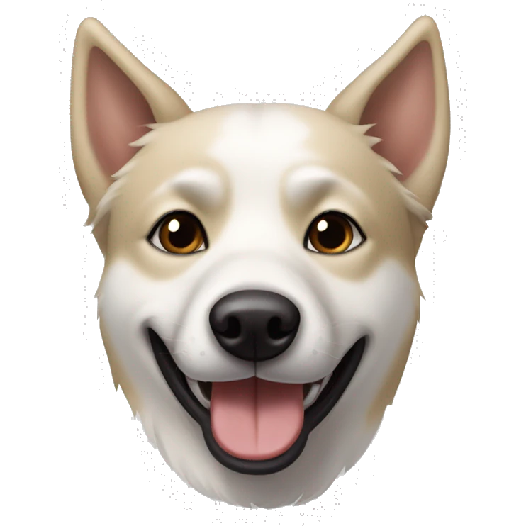 white husky-lab mix dog with completely black and tan and brown fur around his eyes and black/tan ears smiling with tongue out emoji