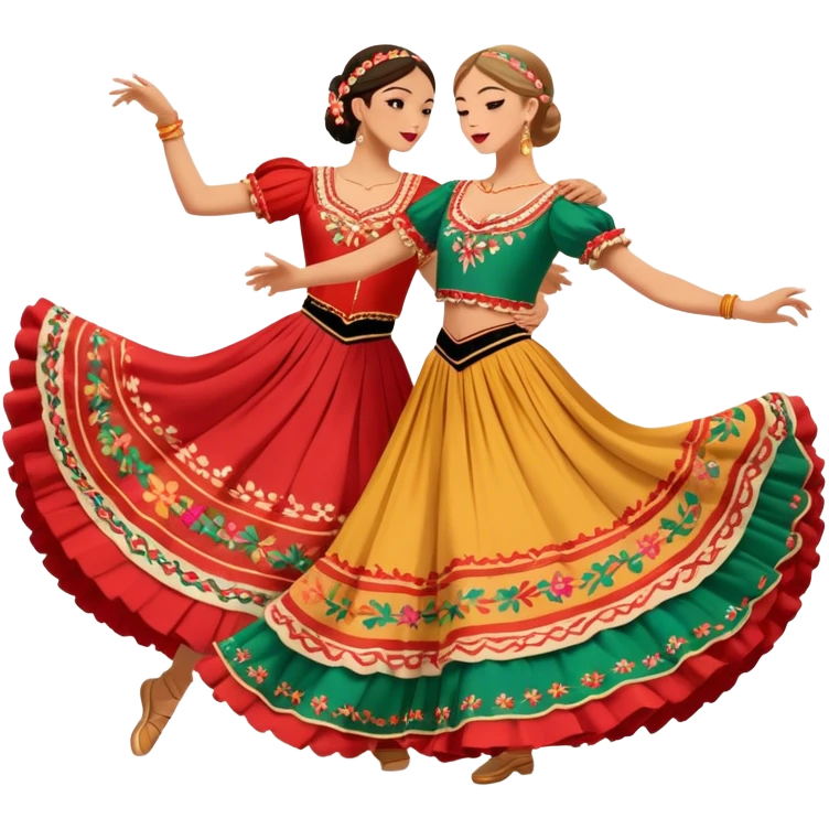 Cinematic Realistic scene of two dancers performing the Tarantella, dressed in vibrant, flowing traditional costumes with detailed embroidery and dynamic skirts, captured in festive motion with warm, lively lighting emoji