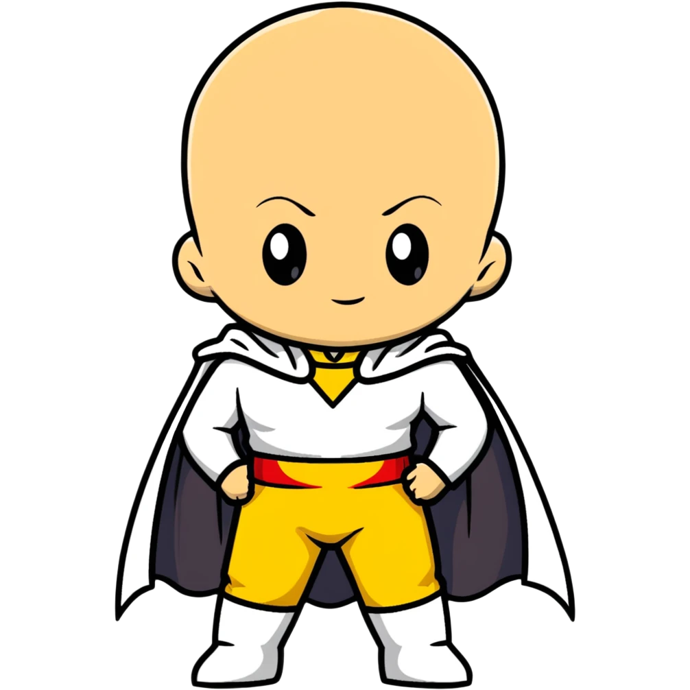 super cute chibi Saitama from One Punch Man with bald head, yellow jumpsuit, white cape and innocent face emoji