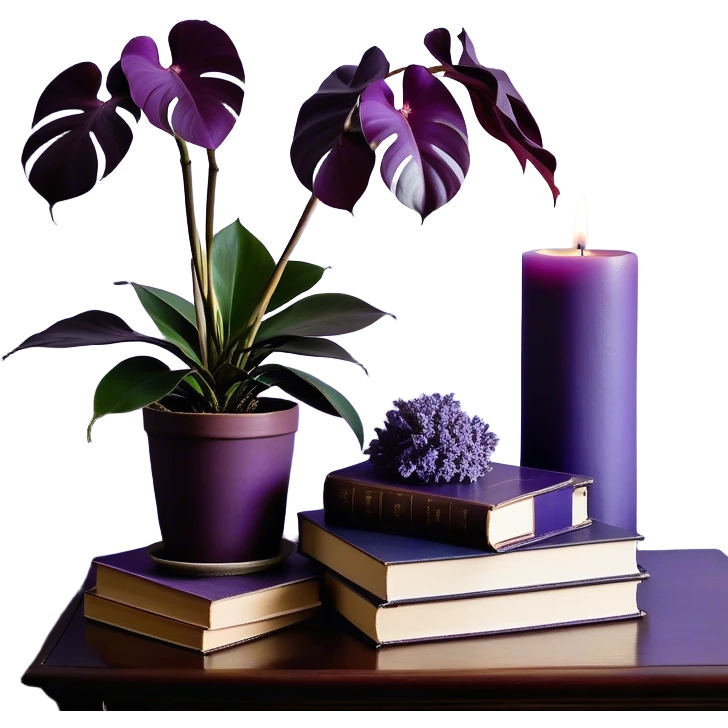 An elegant still life composition featuring a carefully arranged stack of books in shades of light and dark violet, their covers slightly worn, hinting at wisdom and time. A gracefully potted monstera plant with lavender-colored leaves extends its delicate, sculptural foliage, casting soft shadows. A glass candle holder in a rich purple orchid hue sits nearby, its surface reflecting ambient light. To complete the scene, a silky mauve ribbon drapes over the books, and a subtle lilac-hued ceramic vase holds a single dried flower, enhancing the refined and serene atmosphere. emoji