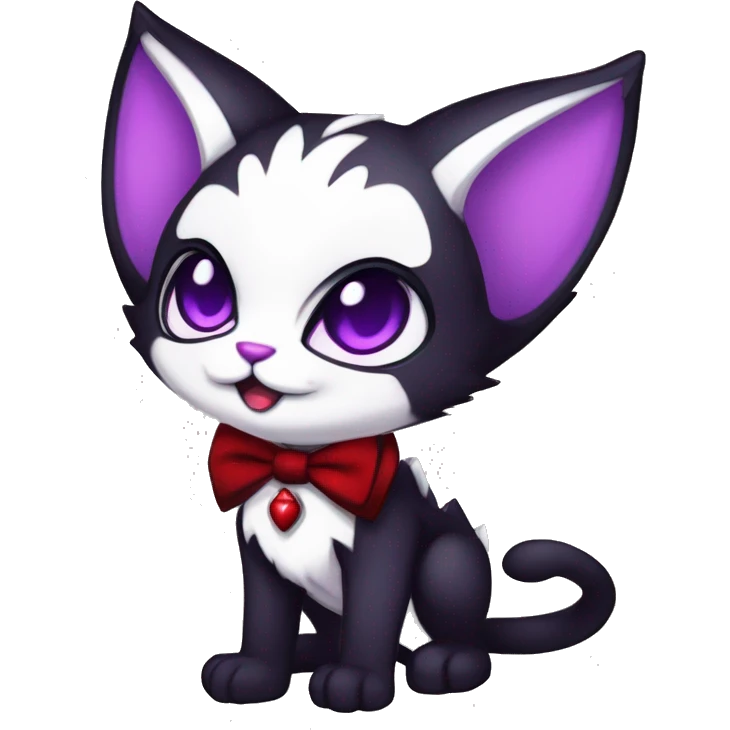 Cute-Evil-Vampiric-Batty-Cat-Black-Purple-Red-White-Contrast-Colors-Fantasy-Fur-Sona-Chibi-Shiny-Fakémon-Hybrid with horns and big fangs neck bow white tie leg spats full body emoji
