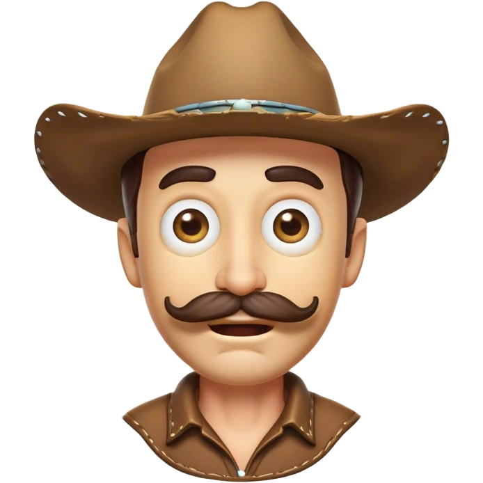 Clash of Clans aesthetic Comical Cowboy Portrait Emoji, Head tilted dramatically with an exaggerated, fun expression and wide, comically expressive eyes, featuring a rugged yet cartoonish build with a playful cowboy hat and quirky mustache, his natural skin tone evident, Simplified yet hilariously expressive features, highly detailed, glowing with a slightly sassy western glow, high shine, dramatic yet playful, stylized with an air of cheeky frontier mischief, soft glowing outline, capturing the essence of a meme-worthy cowboy bringing humor to epic quests! emoji
